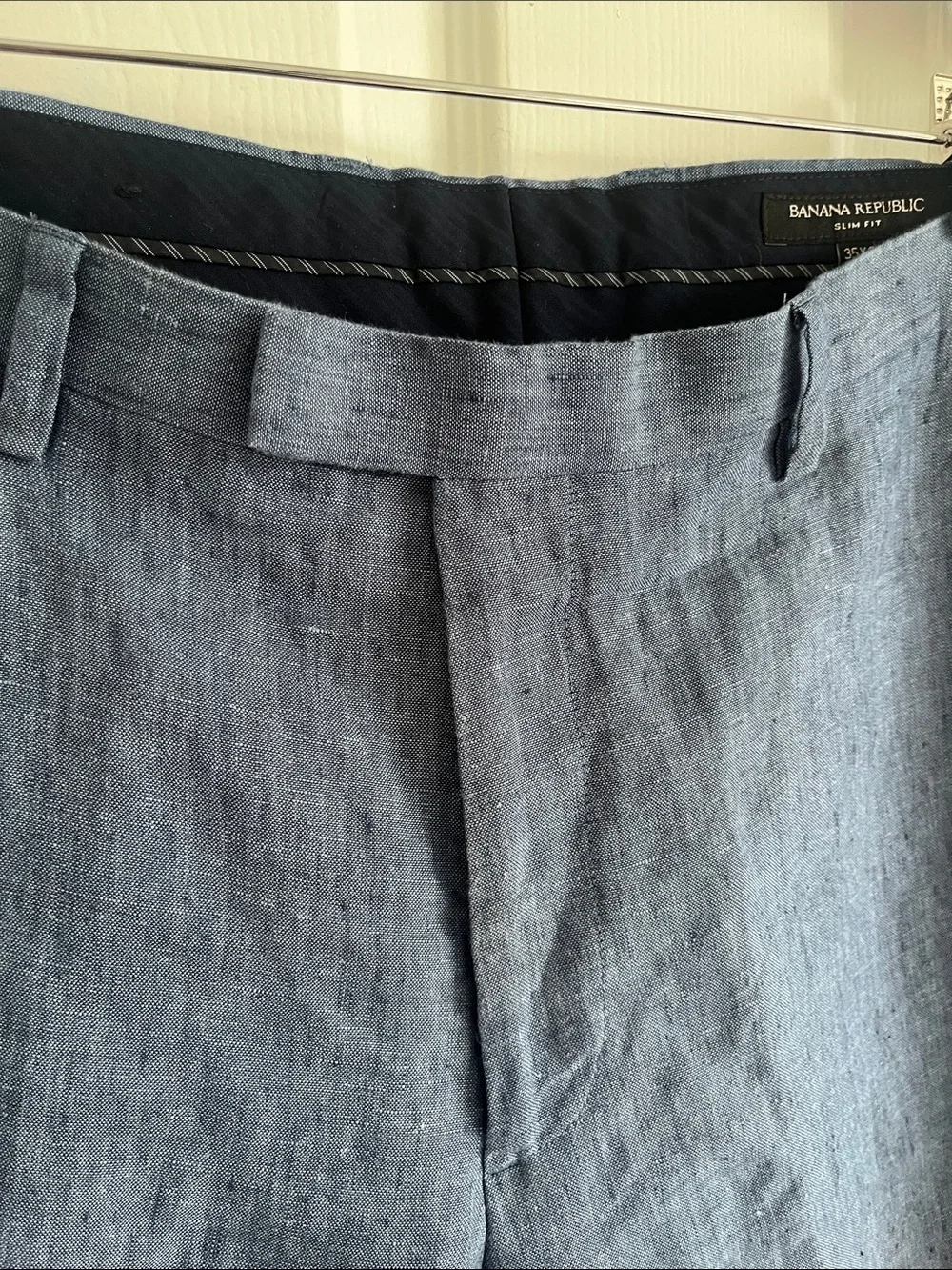 100% Linen Banana Republic Men's Heather Blue Chinos Coastal Beach Old Money
